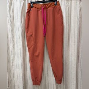 Figs Women's Pants in Rust with Pink Drawstring - high waisted